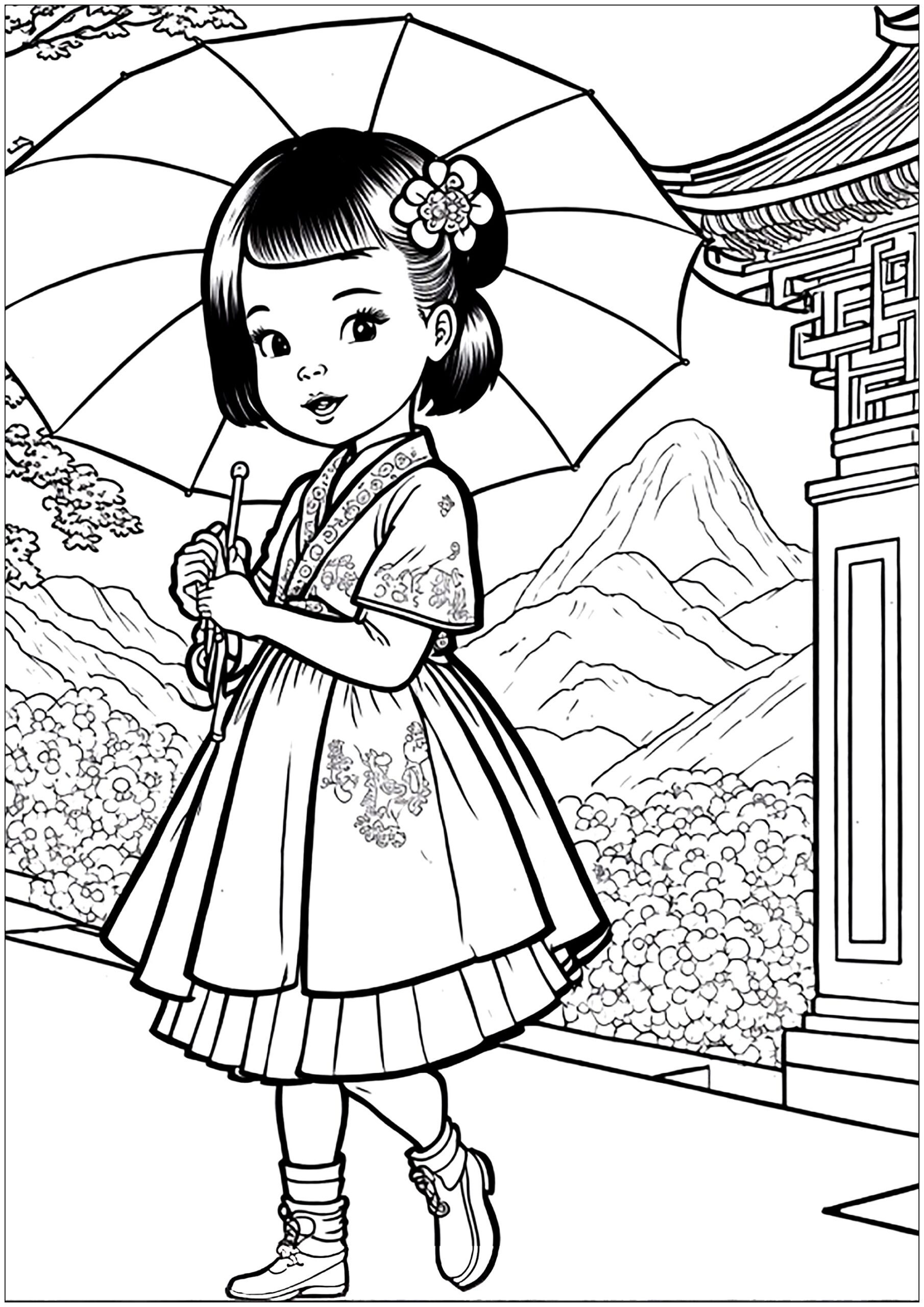 Little Chinese Girl With An Umbrella China Kids Coloring Pages