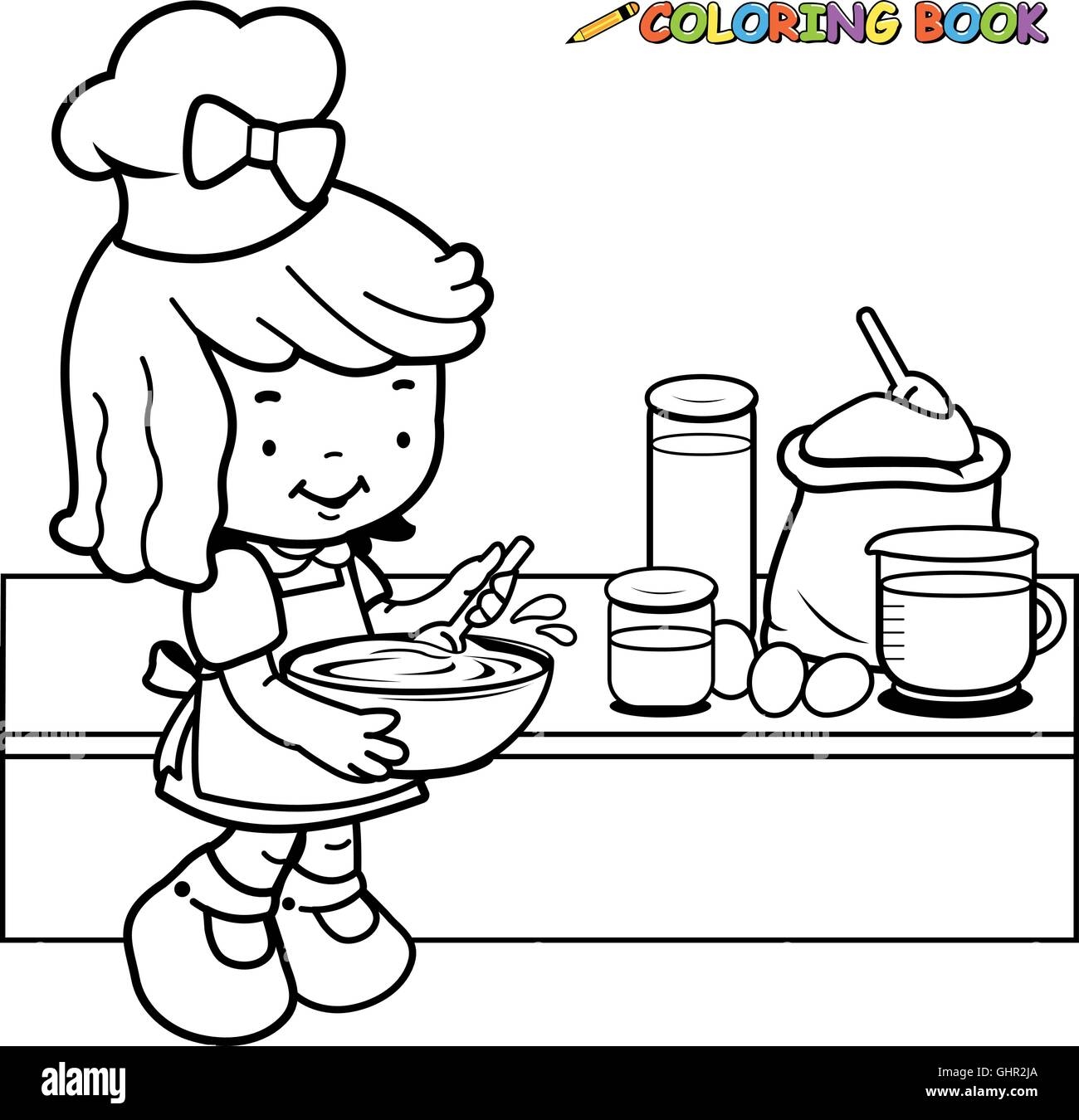 Little Girl Cooking Coloring Book Page Stock Vector Image Art Alamy