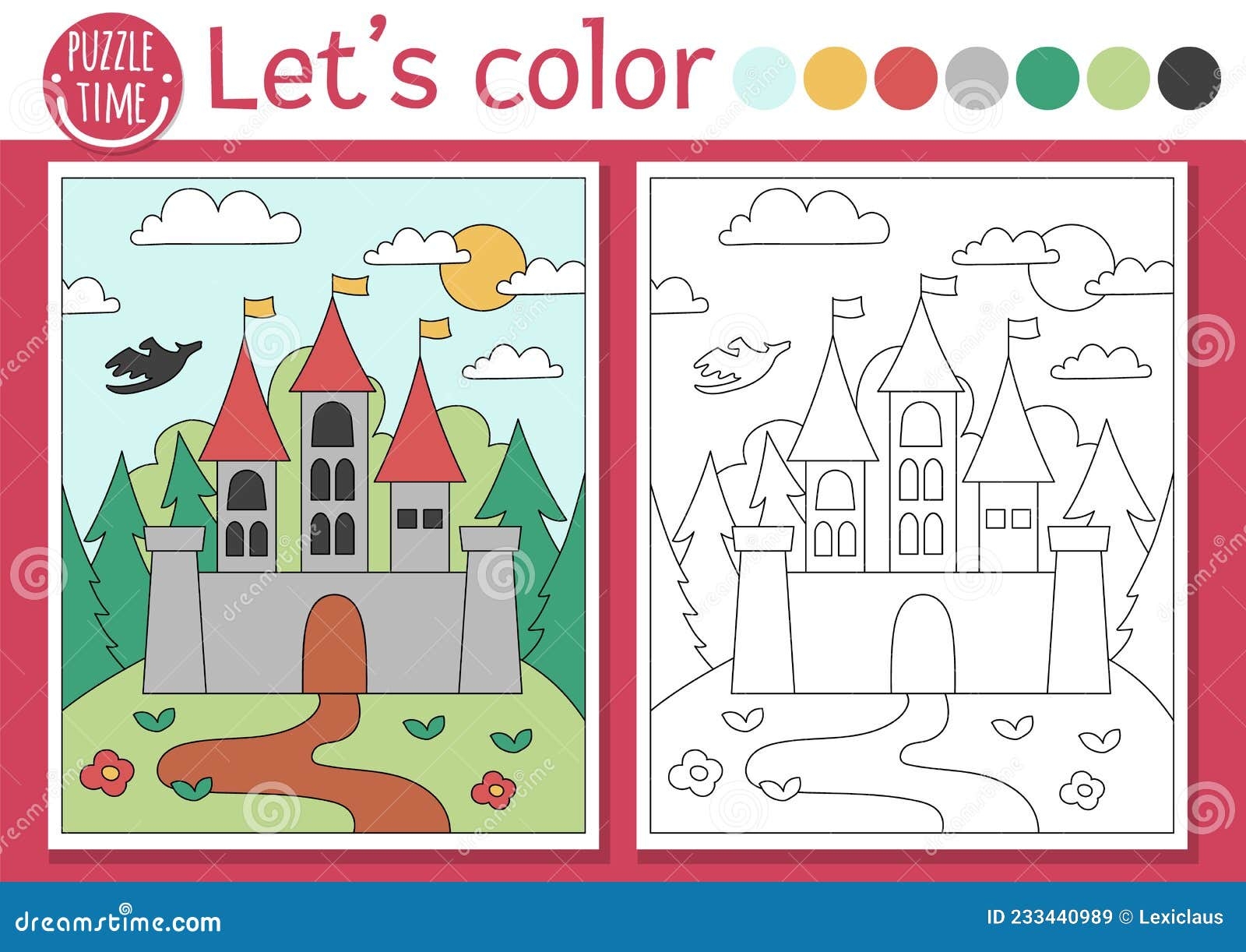 Magic Kingdom Coloring Page For Children With Castle And Forest Landscape Vector Fairytale