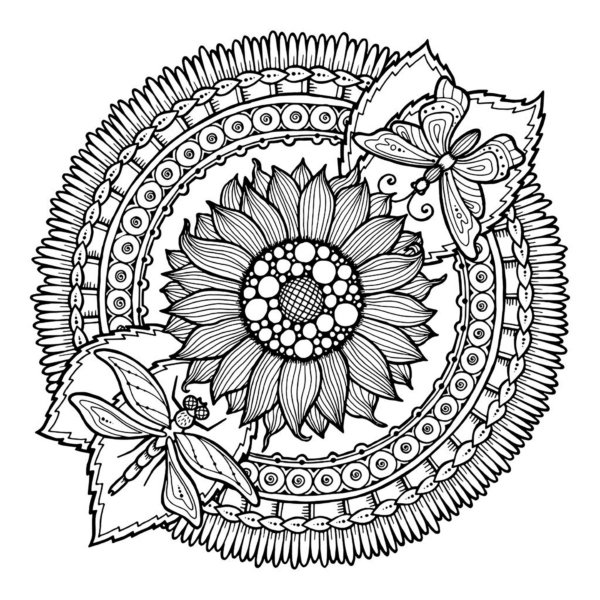 Mandala Dragonfly And Flowers By Juliasnegireva Mandalas Adult Coloring Pages