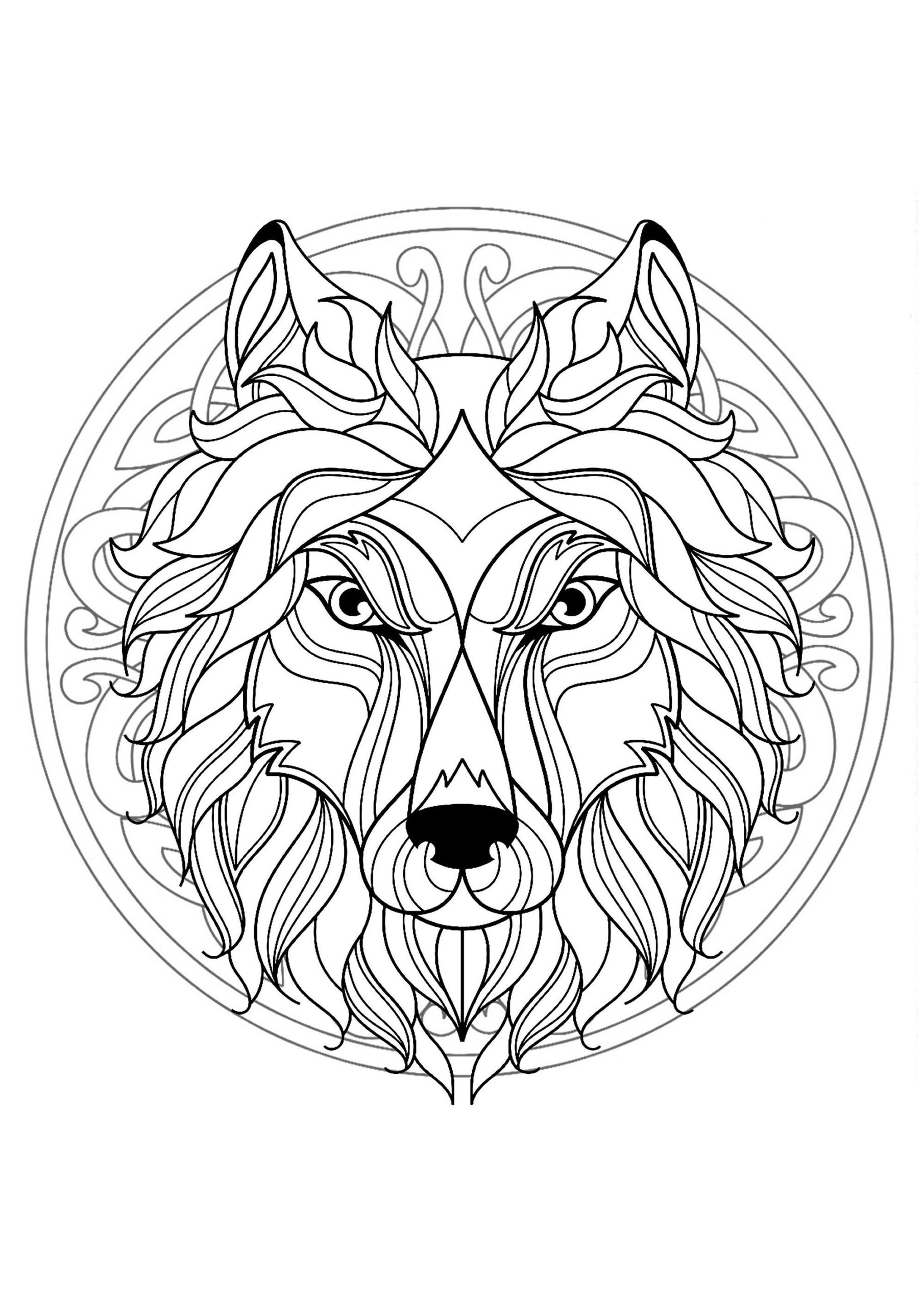 Mandala With Beautiful Wolf Head And Interlaced Patterns Mandalas Adult Coloring Pages