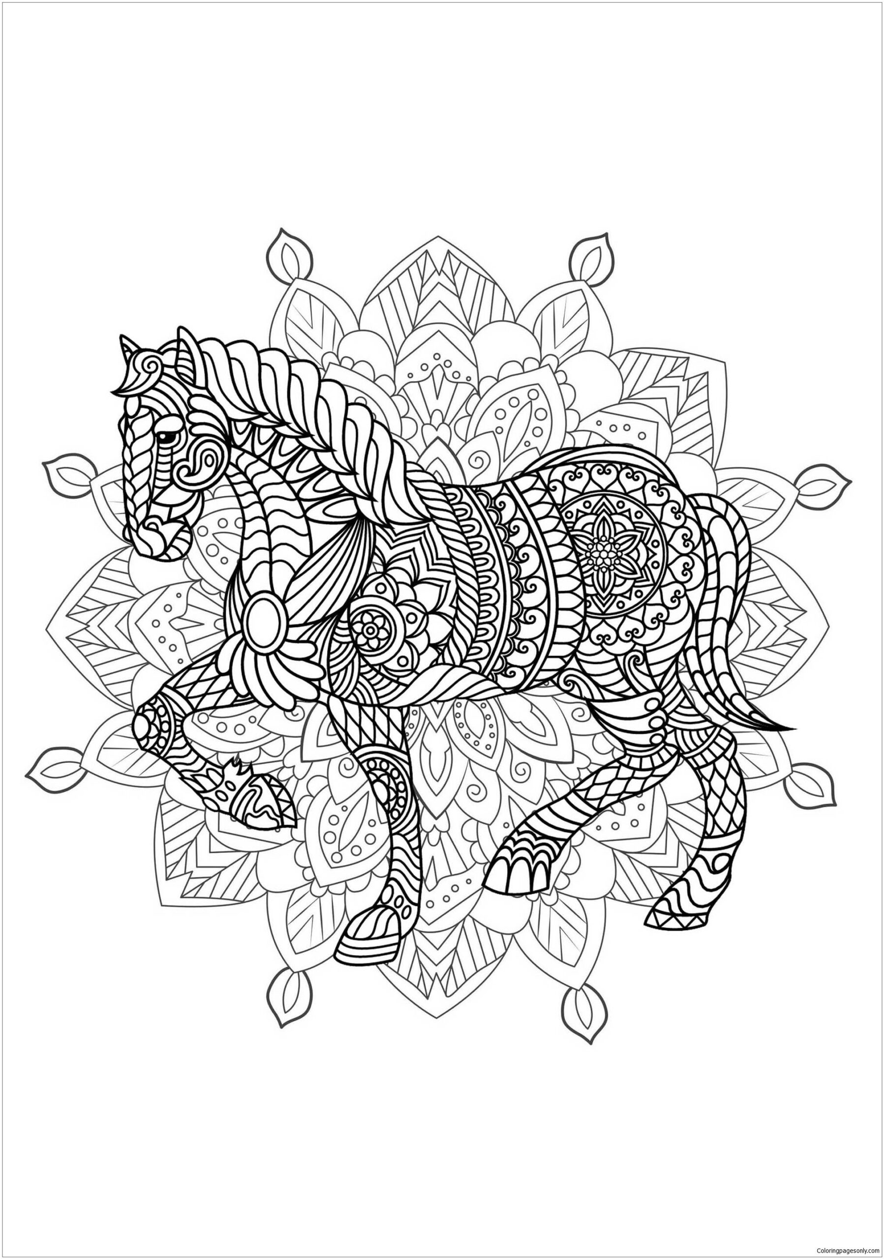 Mandala With Elegant Horse And Complex Patterns Coloring Page Free Printable Coloring Pages