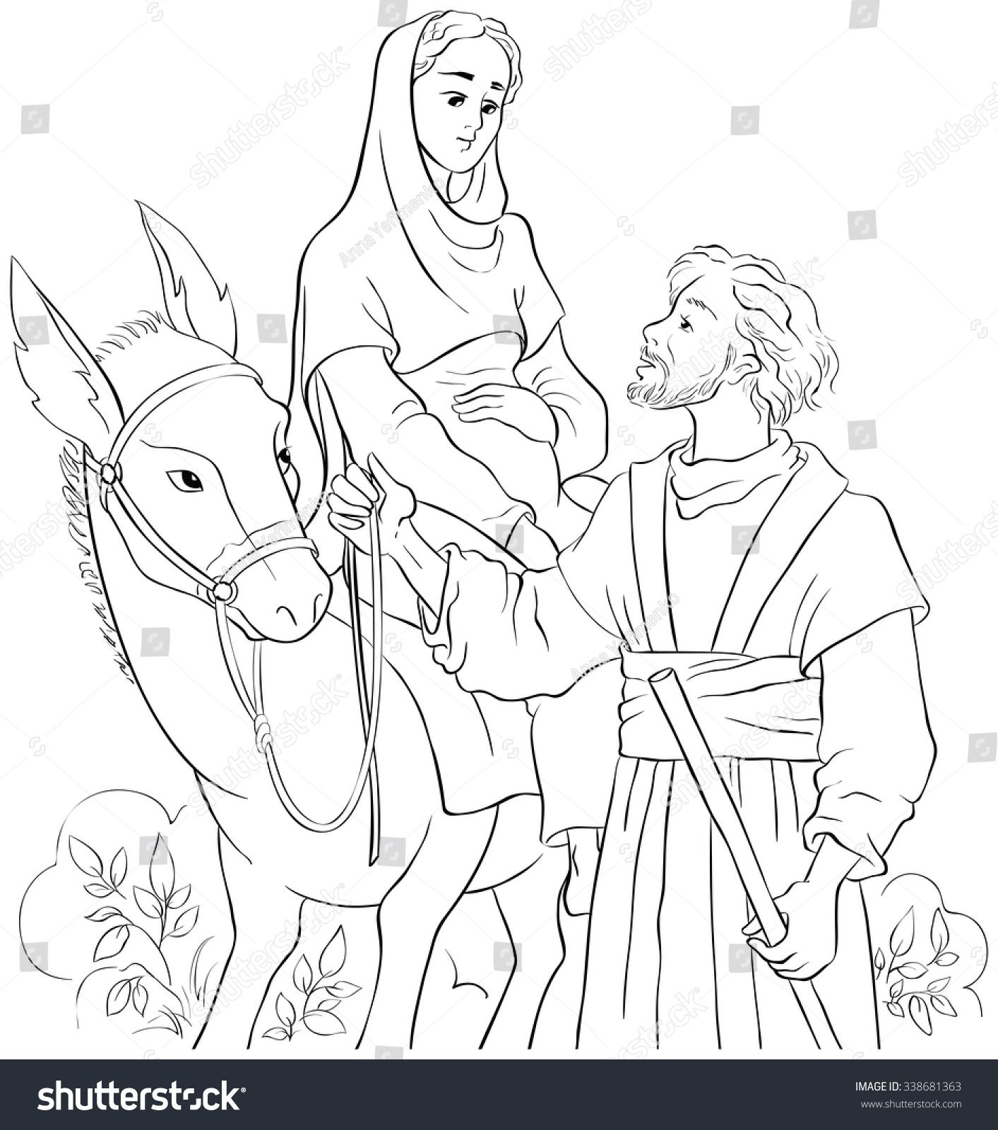Mary And Joseph Travelling By Donkey To Bethlehem Coloring Page Also Available Colored Version