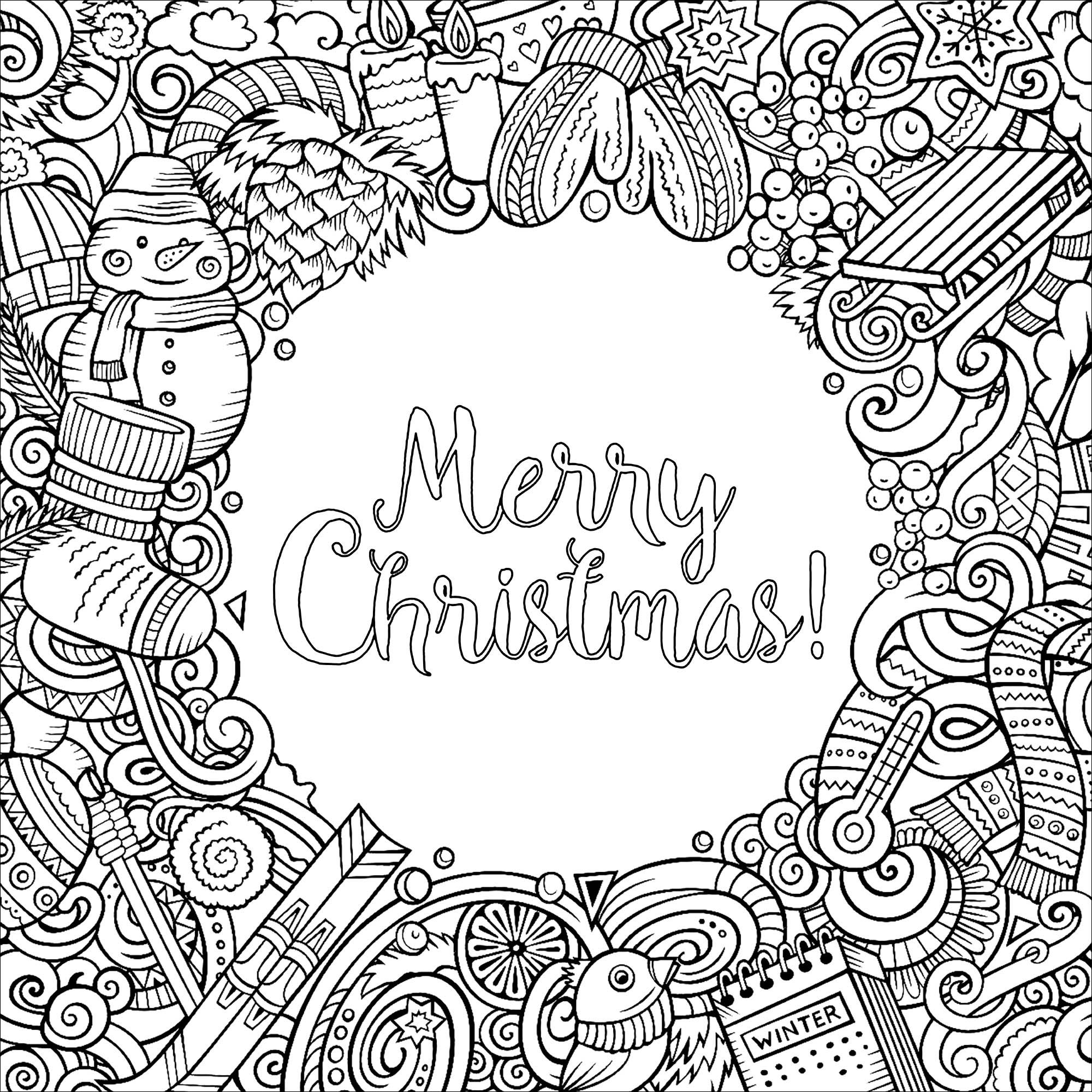 Merry Christmas Doodles With Text Christmas Adult Coloring Pages