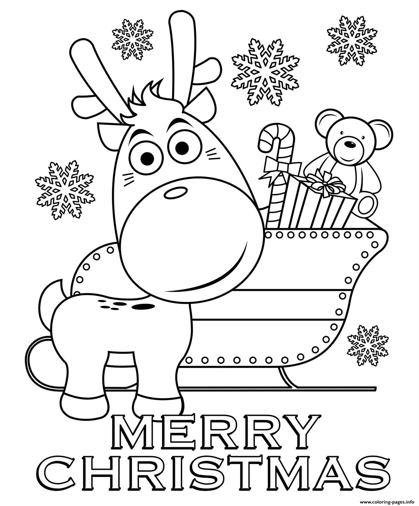 Merry Christmas Reindeer And Sleigh Coloring Page Printable