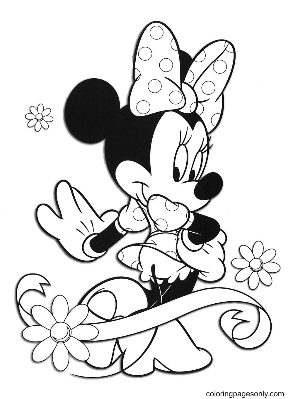 Minnie Mouse With Polka Dot Skirt And Bow Coloring Page Free Printable Coloring Pages