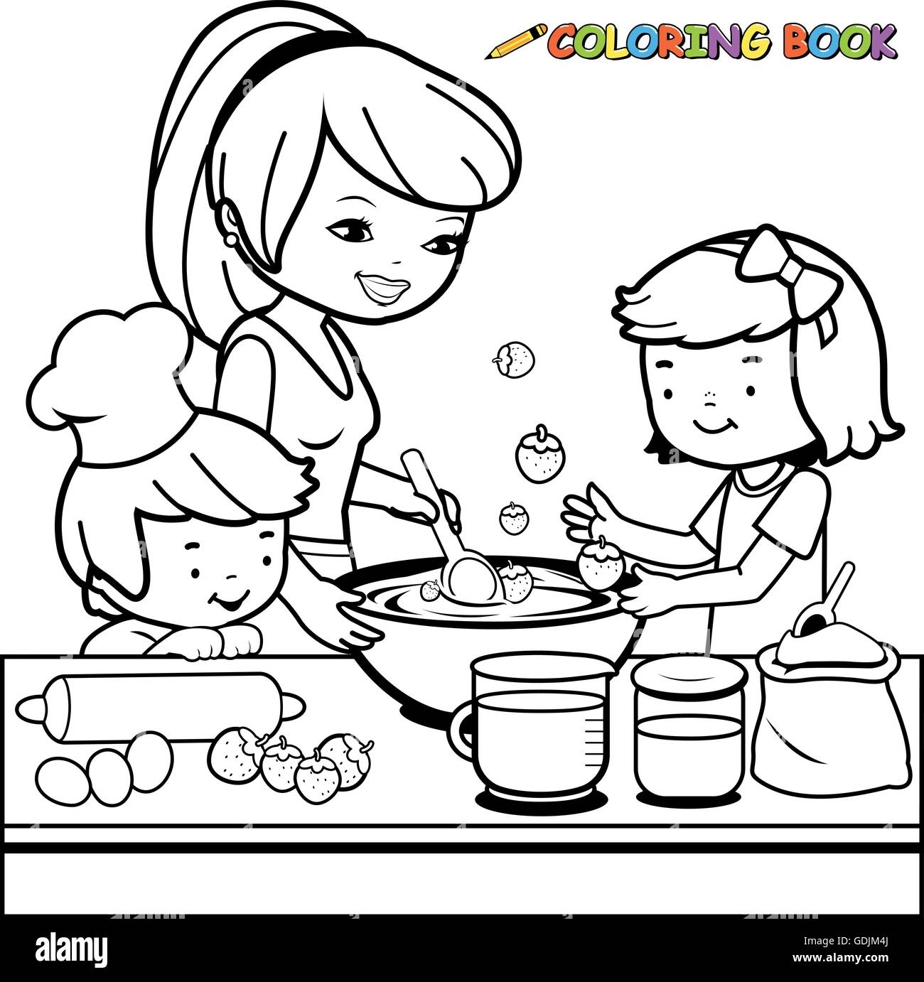 Mother And Children Cooking In The Kitchen Coloring Book Page Stock Vector Image Art Alamy