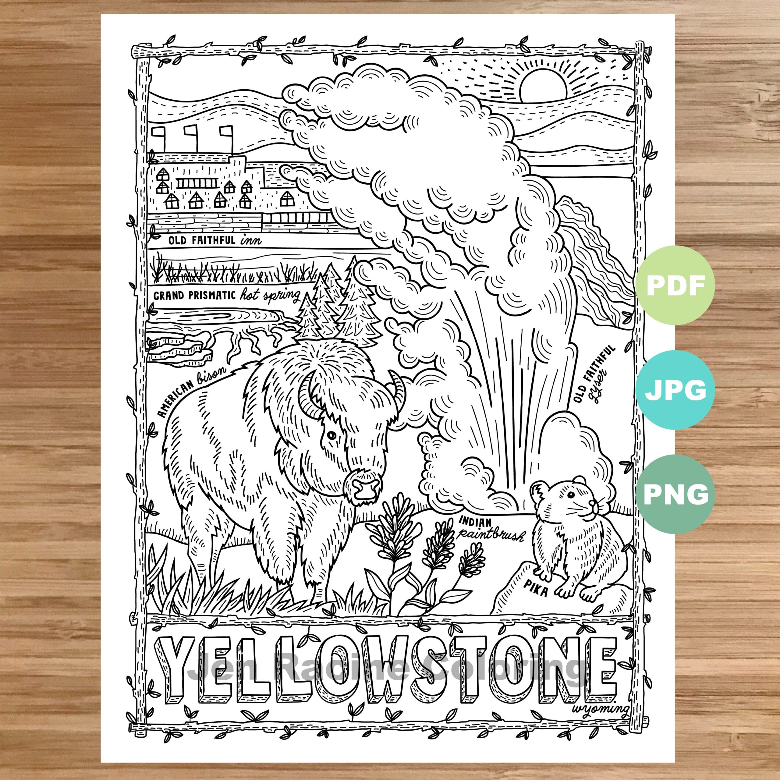 National Park Coloring Page Yellowstone Wyoming National Etsy
