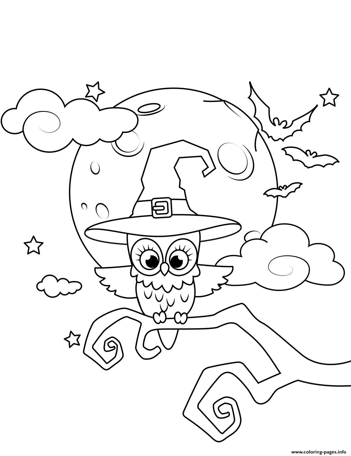 Owl In A Witch Hat Halloween Coloring Page Printable