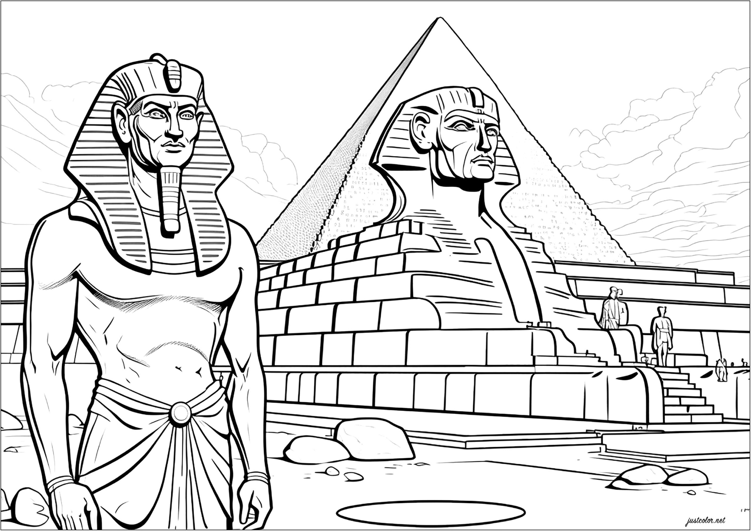 Pharaoh In Front Of Sphynx And Pyramid Egypt Hieroglyph Coloring Pages For Adults