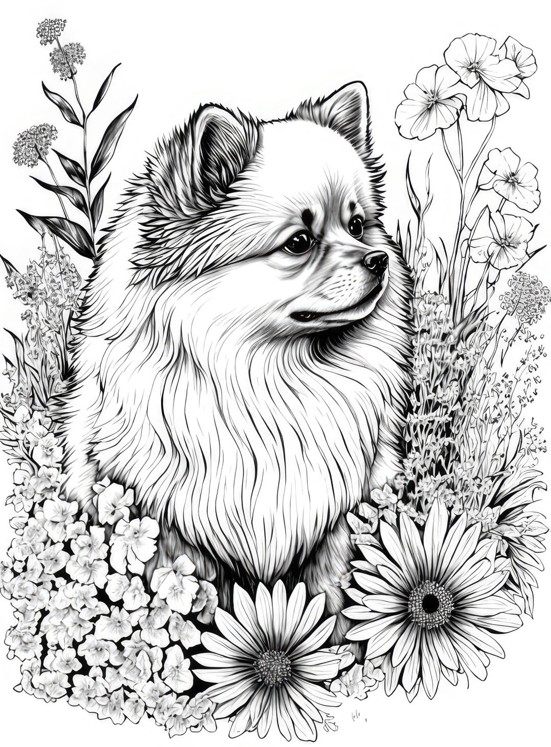 Pomeranian Coloring Sheet AI Generated Coloring Page Of A Pom Dog With Flowers Instant