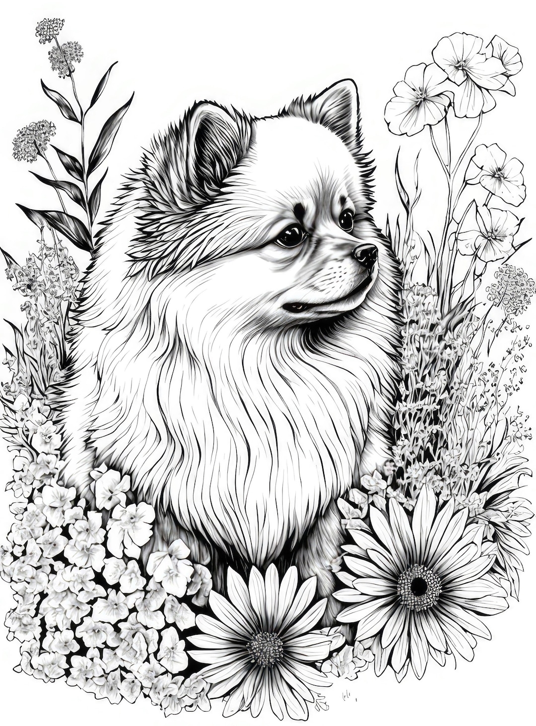 Pomeranian Coloring Sheet AI Generated Coloring Page Of A Pom Dog With Flowers Instant