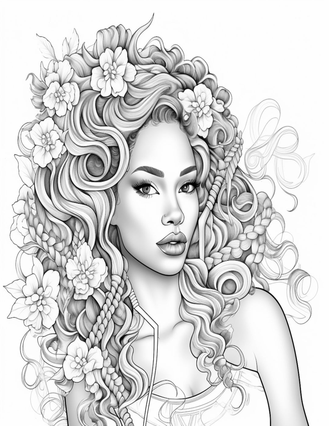 Printable Adult Coloring Pages Flowers Grayscale And Fade Portrait Downloadable Illustration