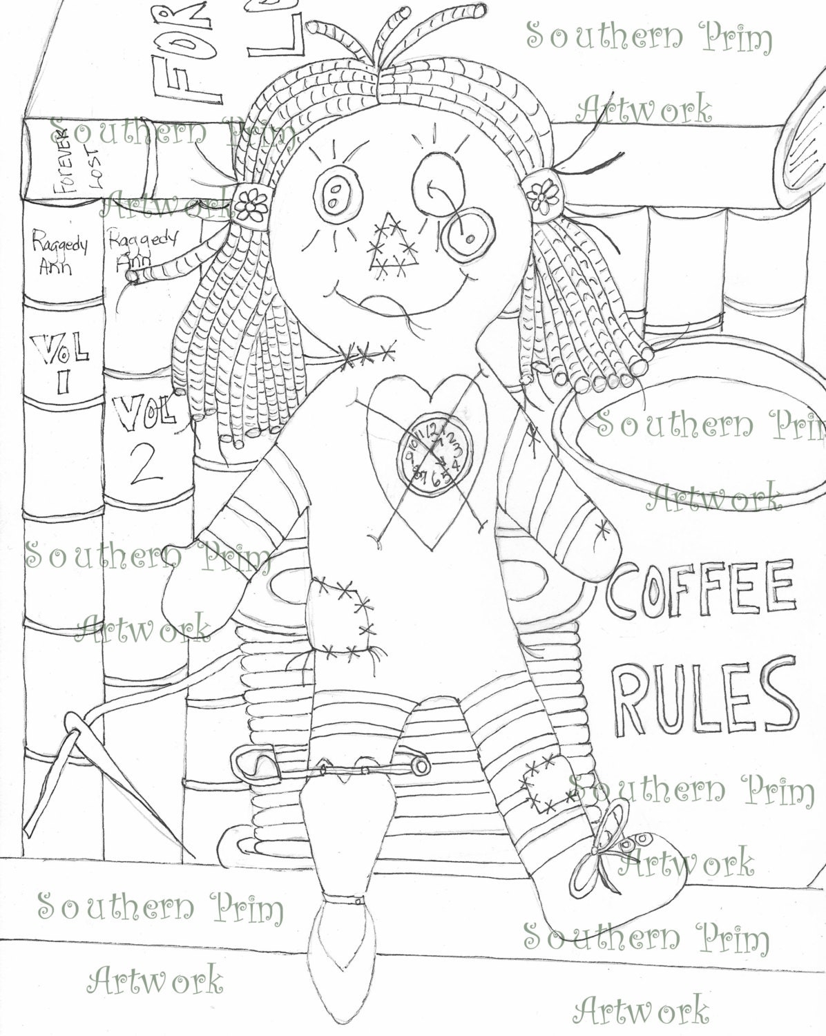 Raggedy Ann Adult Coloring Page Doodle Art Doll By Southernprim