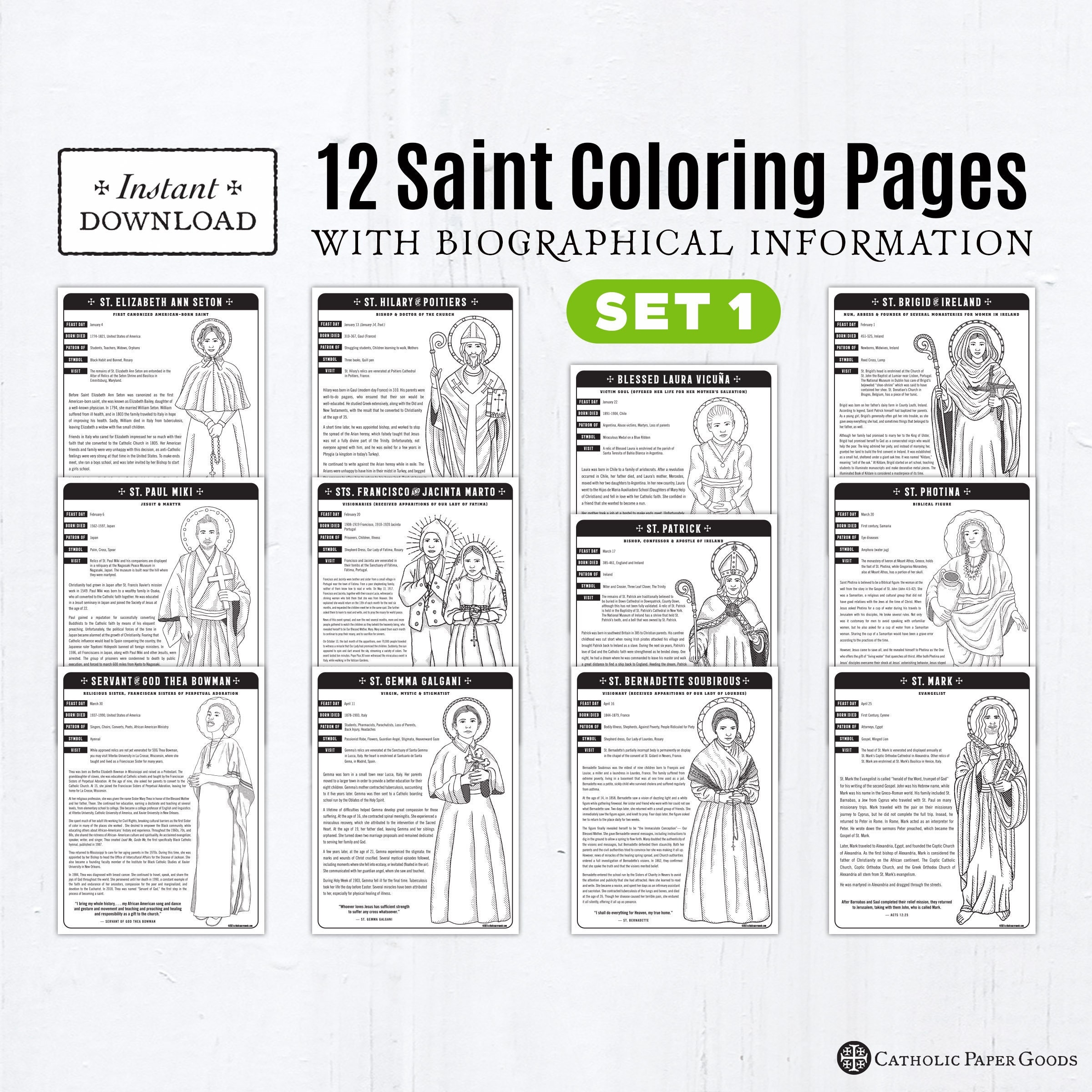 Set 1 12 Catholic Saint Coloring Pages With Biographical Information Catholic Printables All