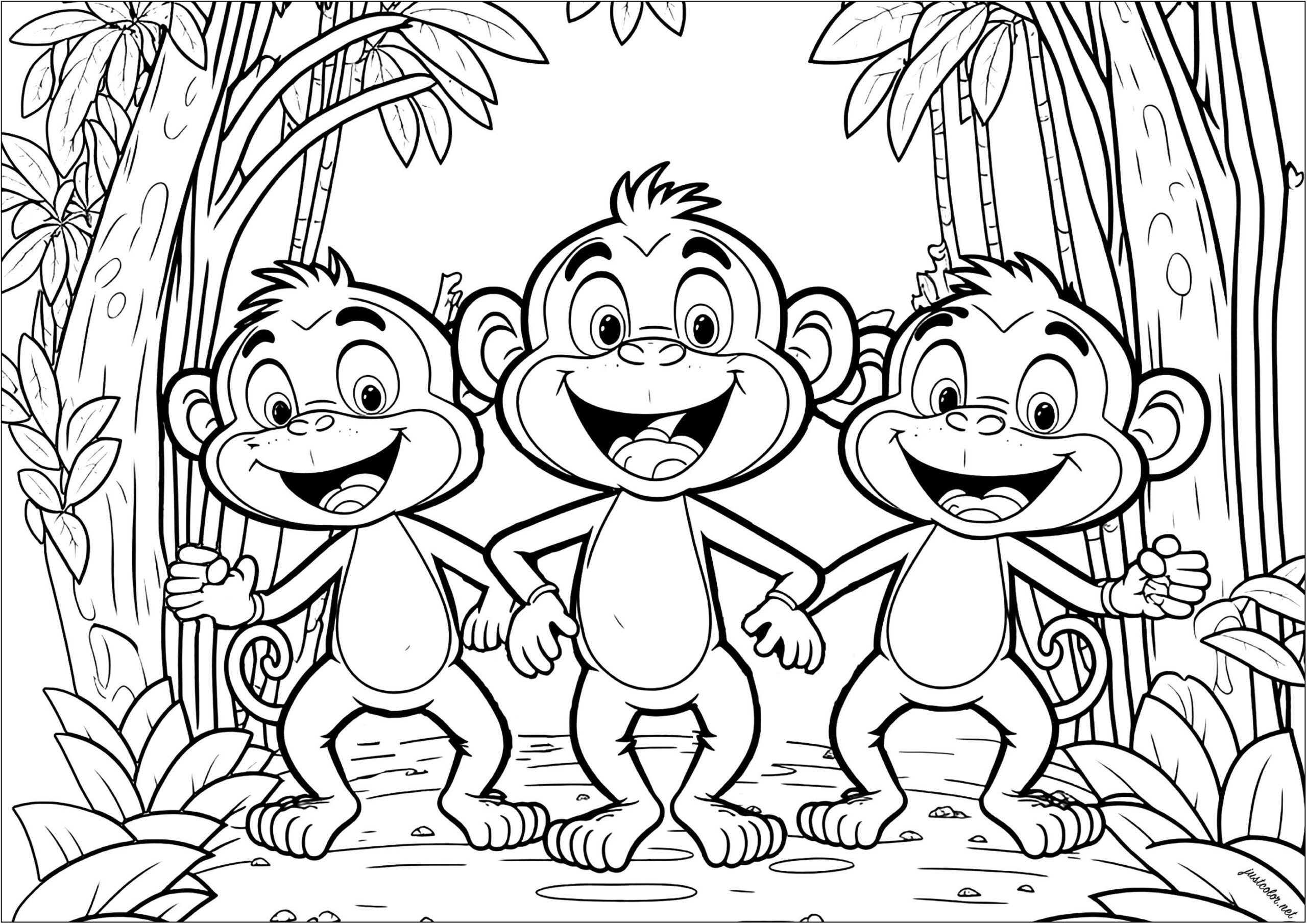 Three Funny Monkeys In The Jungle Monkeys Adult Coloring Pages