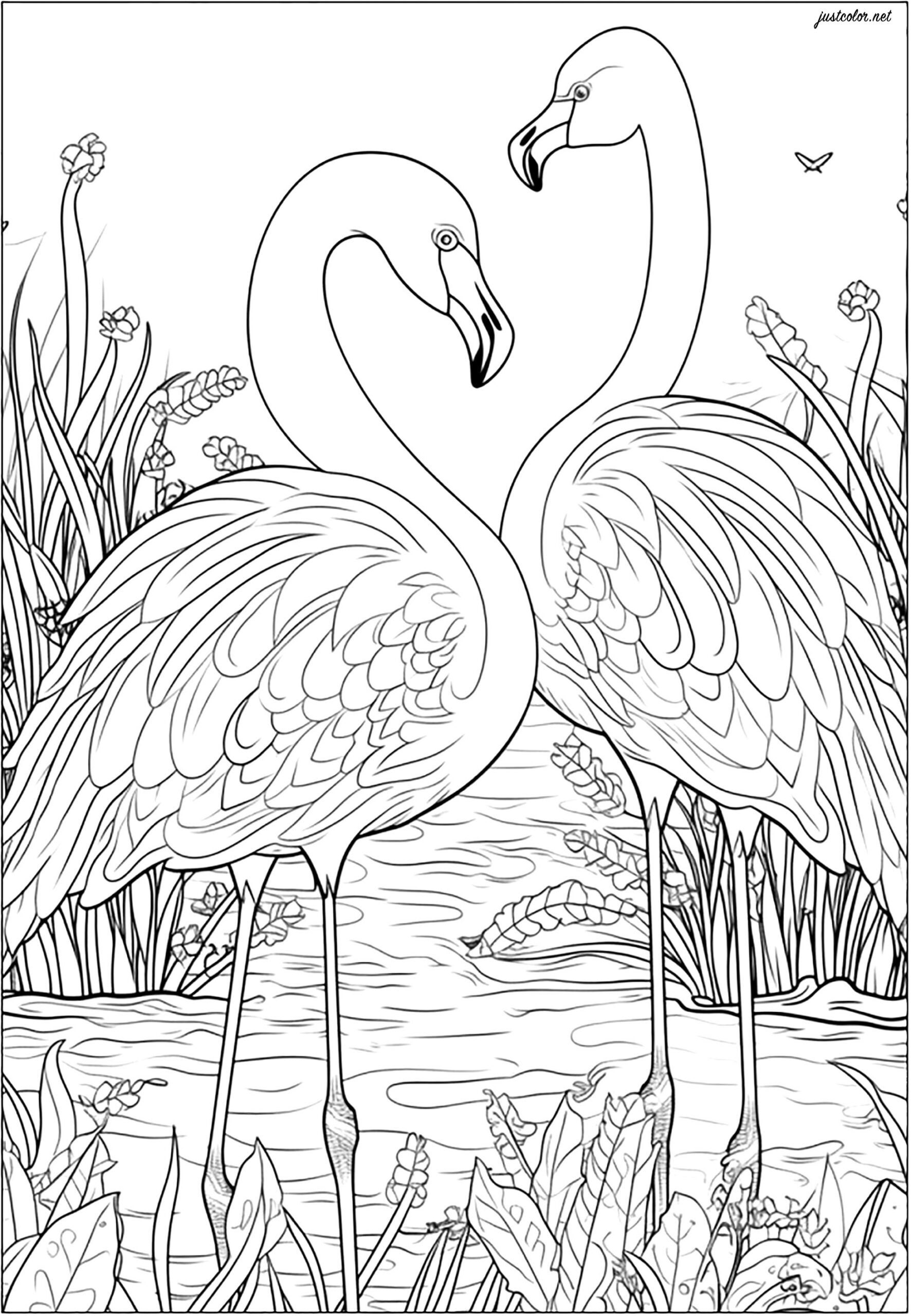 Two Pretty Pink Flamingos In A River Birds Adult Coloring Pages
