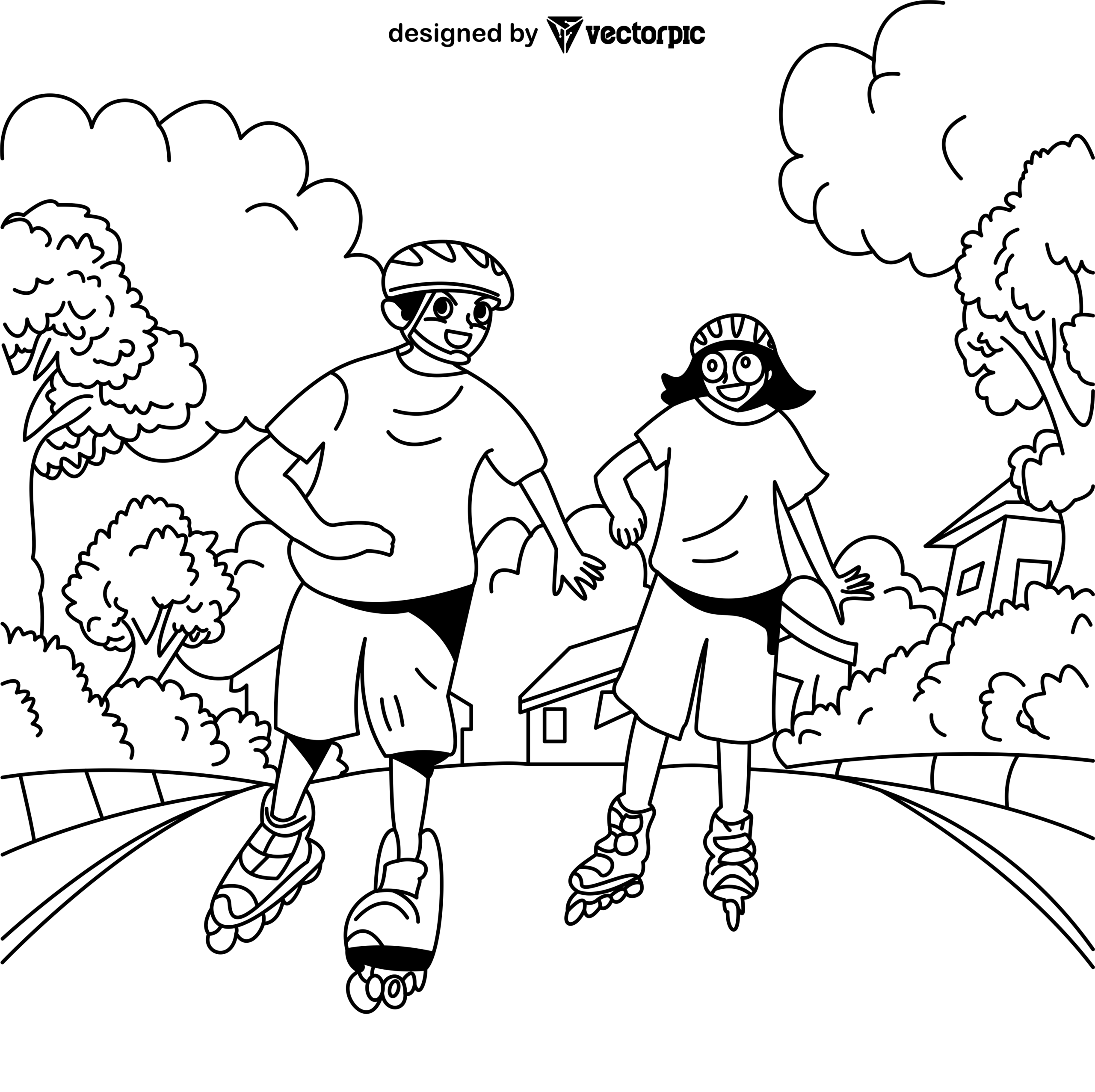 Two Teenagers Playing Roller Skating Coloring Pages For Kids Adults Design Free Vector VECTORPIC