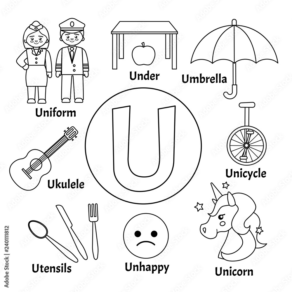 Vector Cute Kids Animal Alphabet Letter U Set Of Cute Cartoon Illustrations Coloring Page