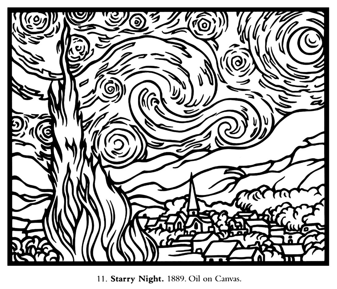 Vincent Van Gogh The Starry Night 1889 Masterpiece Coloring Pages For Adults