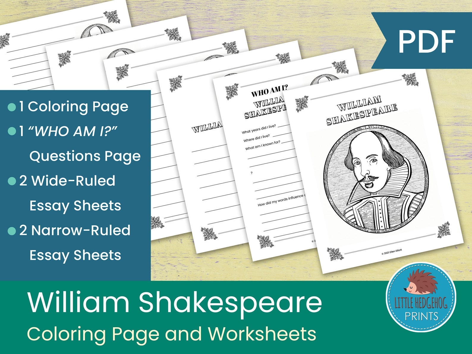 William Shakespeare Coloring Page And Worksheets Etsy