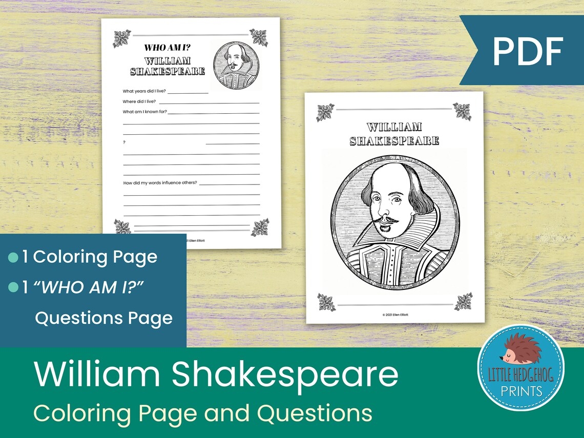 William Shakespeare Coloring Page And Worksheets Etsy