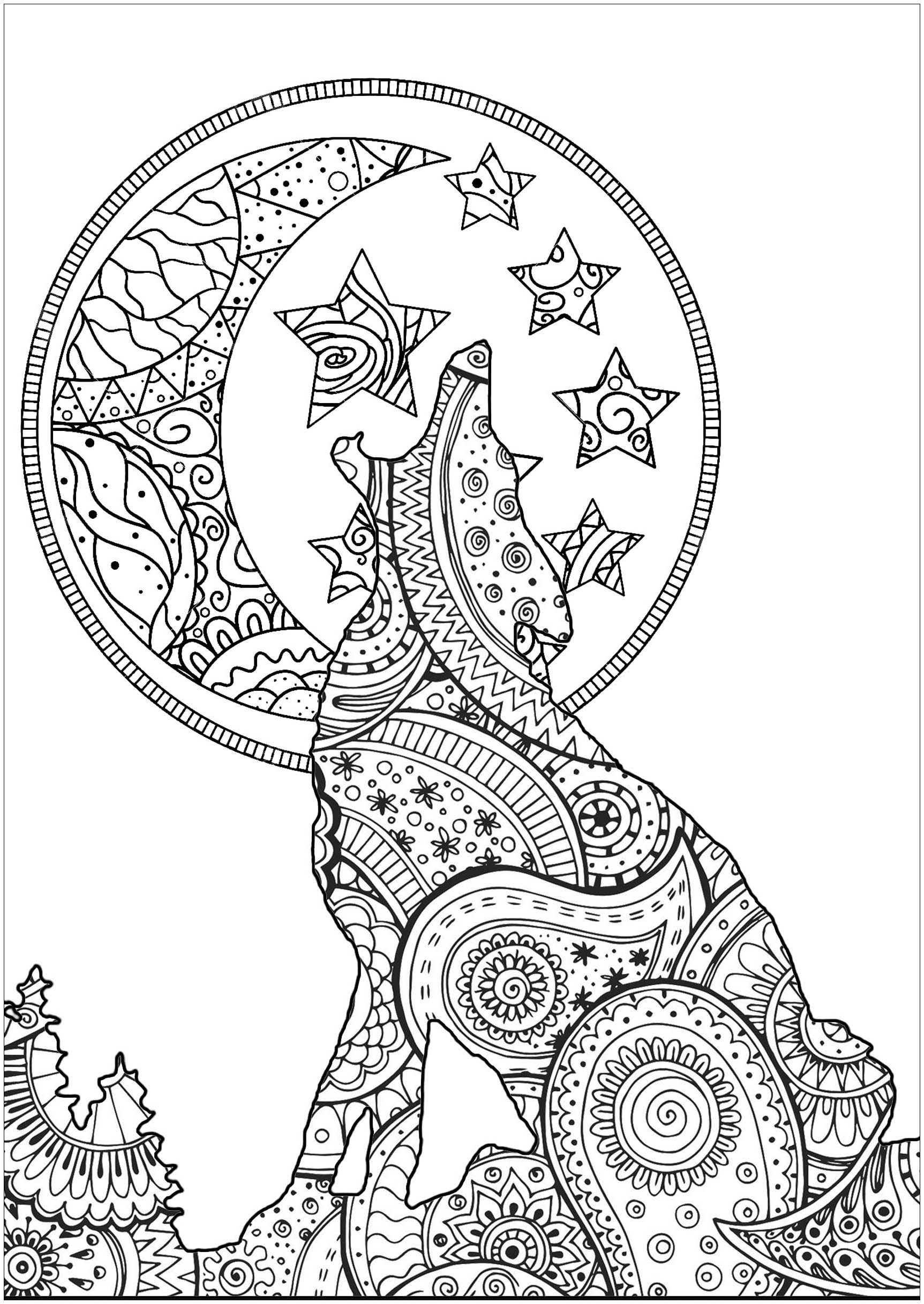 Zentangle Wolf Pretty Silhouette Of Moonlight Wolf With Patterns Mixing Zentangle And Paisley
